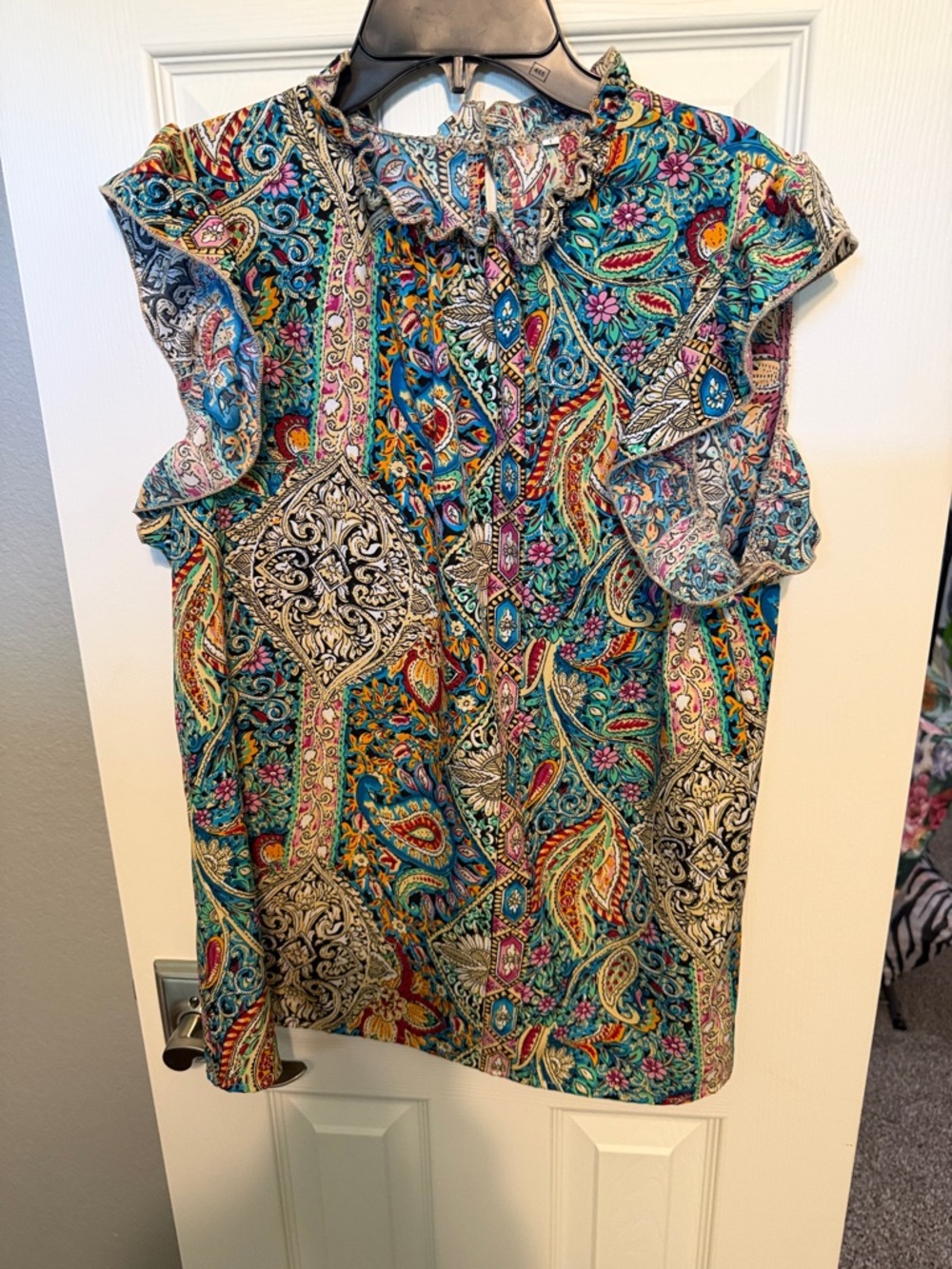 SHEIN Teal Multi Paisley Ruffle Cap-Sleeve Blouse